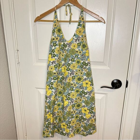 Y2K Old Navy Yellow Green Multicolor Floral Halter Mini Dress Sz 4 Coconut Girl - Picture 1 of 7
